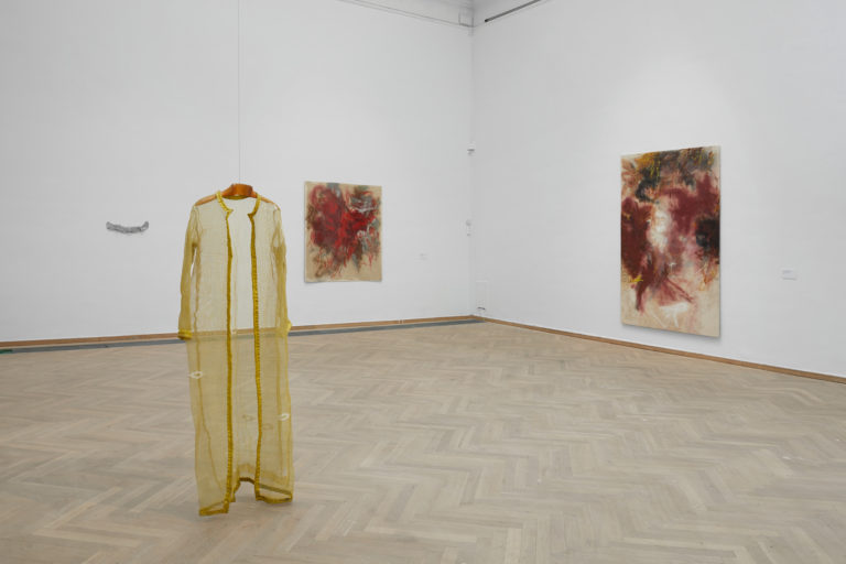 A bright exhibition room with two paintings hung on the back walls. Both paintings are painted with reddish-brown paint in larger and smaller patches. Free hanging in the room, , a piece hangs from a clothes hanger, a transparent yellow robe with embroidered white motifs.