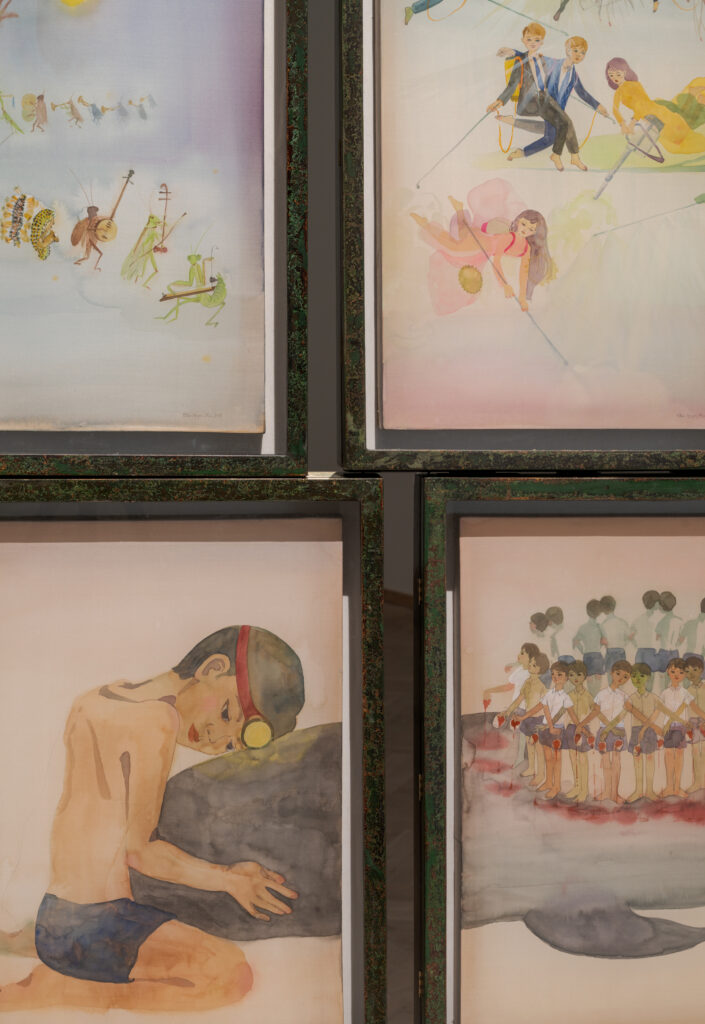 Close-up image of four different watercolor drawings in pink shades.