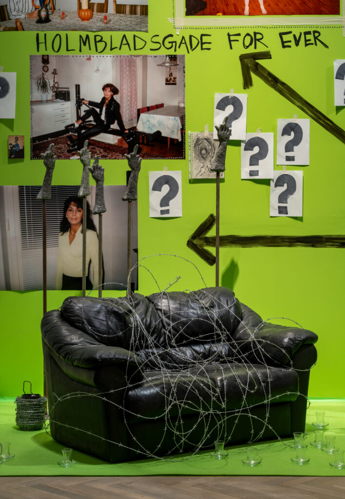 Family photographs hang on a green photo backdrop. A black leather sofa is covered in wire mesh.