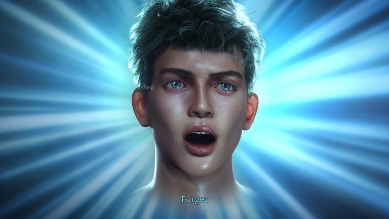 Et øjebliksbillede fra en animationsvideo, hvor en mandlig figur er omgivet et blåt skinnende lys. Figuren har lys hud, blå øjne og blåt hår. Med åben mund synger figuren ”forget”.