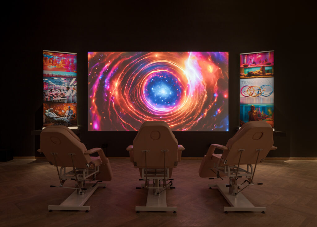 A dark exhibition room with three clinic chairs facing a large projection. A video is projected, with colorful images.