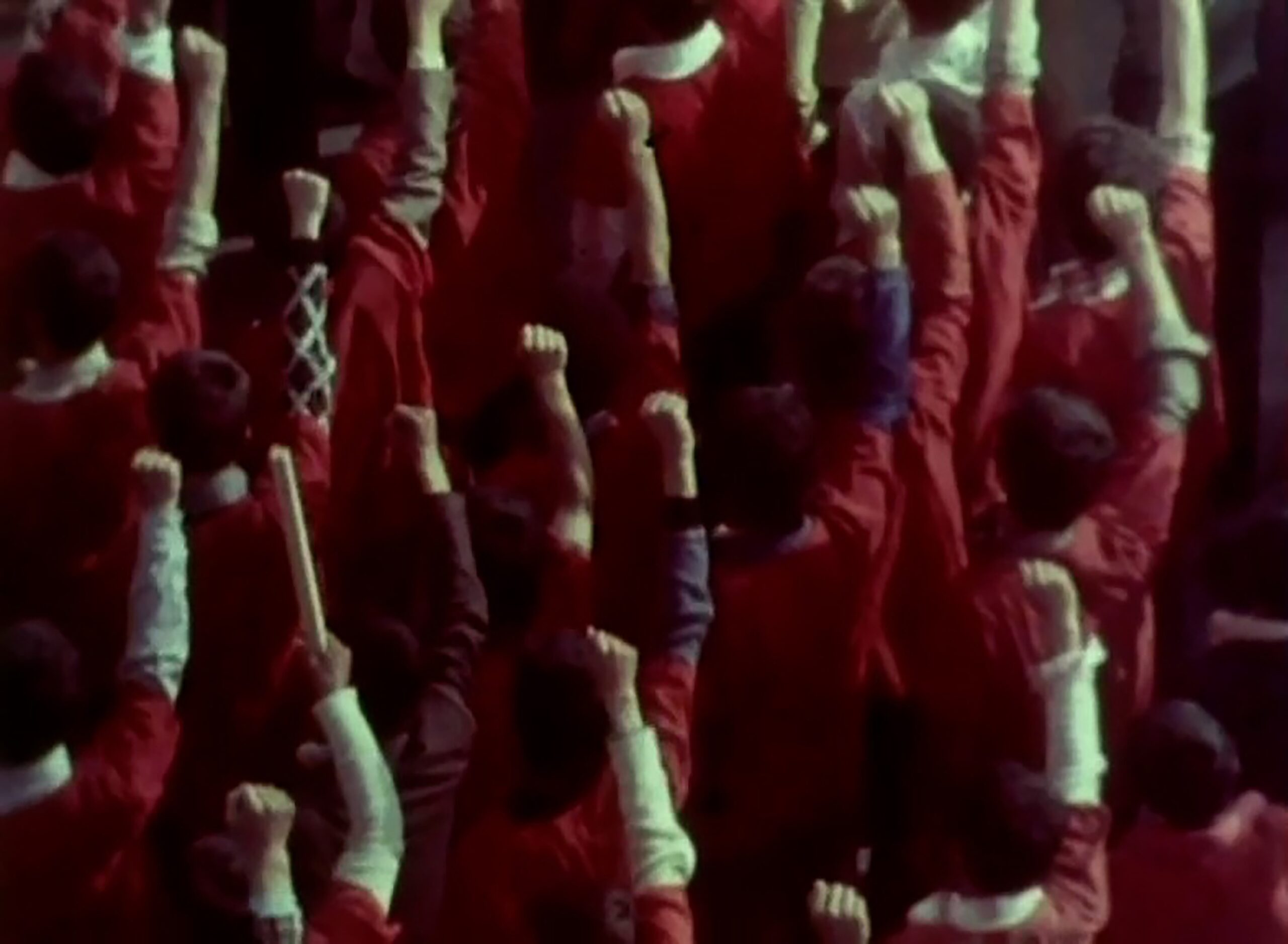 En gruppe af mennesker, klædt i rødt med højre knytnæve i vejret.