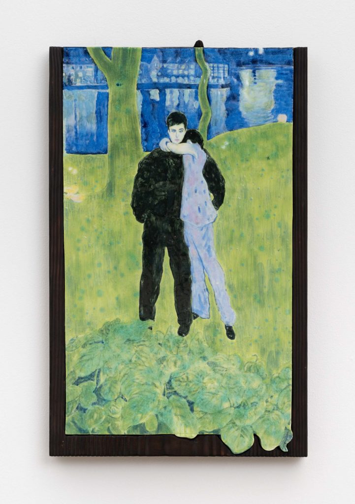 An artwork depicting two people embracing in green surroundings.