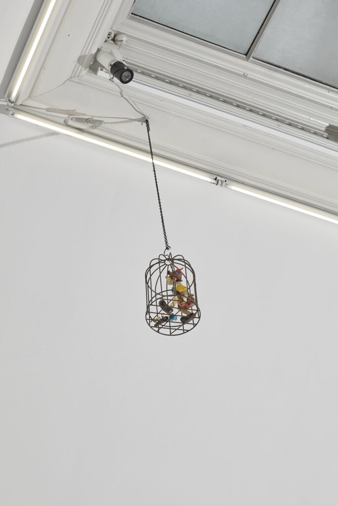 Dukke i fuglebur, hænger fra loftet i udstillingsrum.